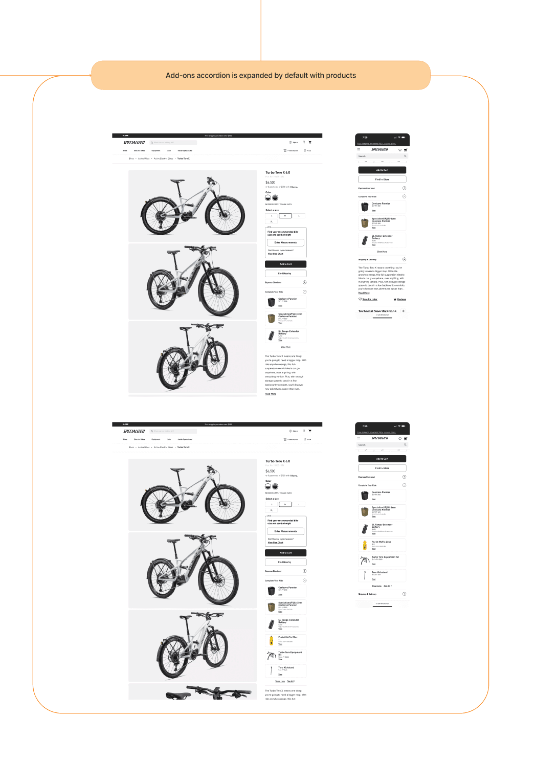 Complete Your Ride flow showing the add-ons accordion expanded by default on desktop and mobile.