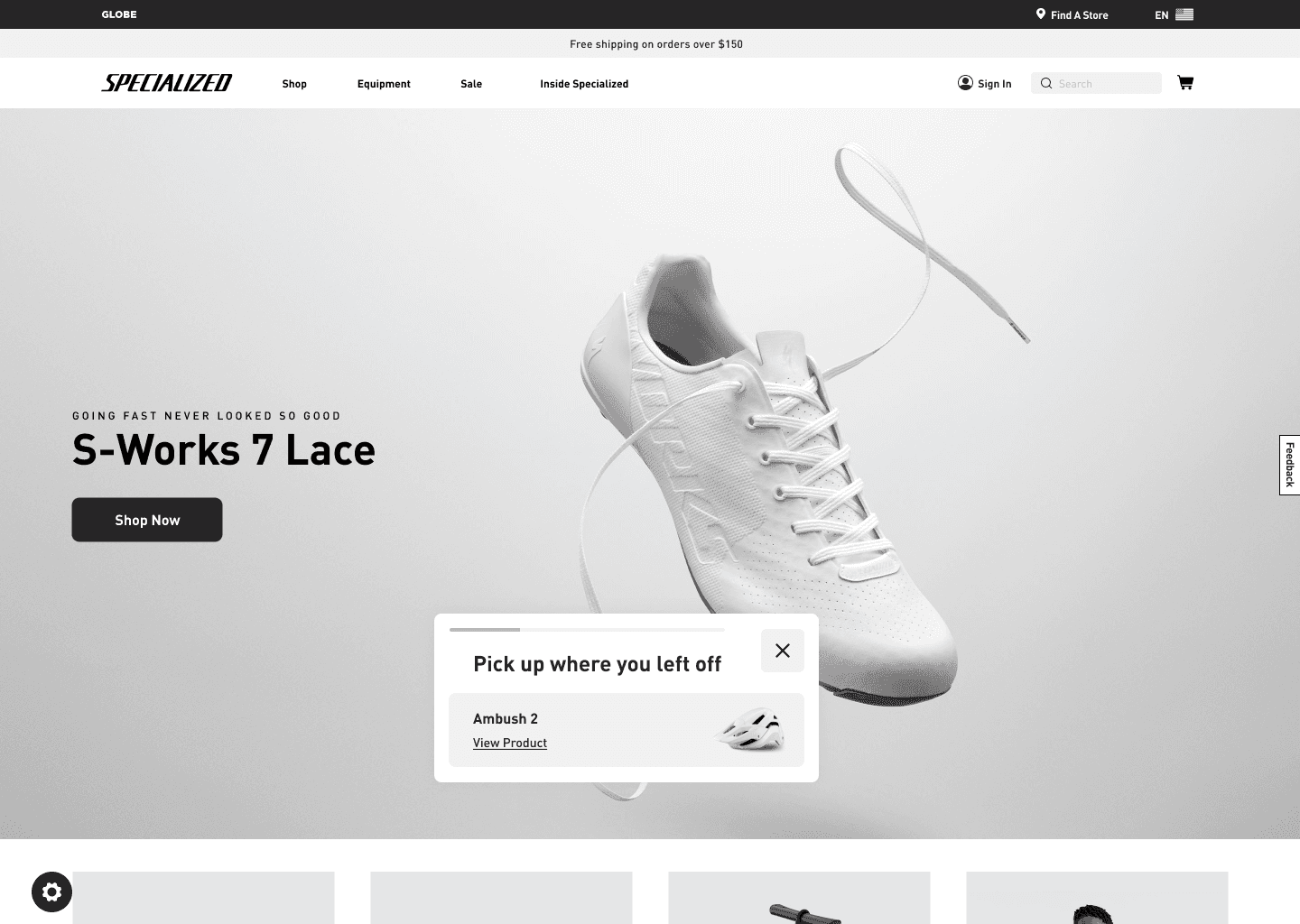 Desktop view of the Specialized continue shopping module showing the last viewed bike summary.